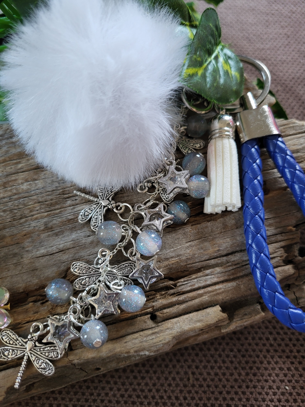 White Pom Pom & Silver Like Dragonfly Charm, Iridescent Bead Keychain, Bag Charm